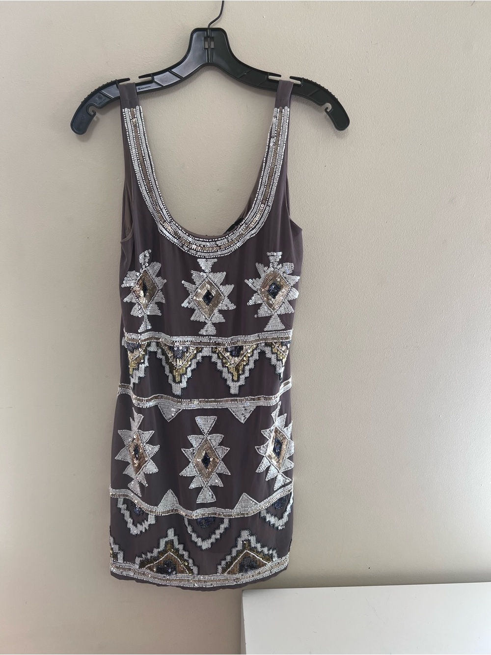 TFNC Brown Embellished Mini Dress with Silver & Gold Beading